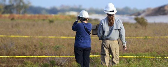 Two employees surveying a field